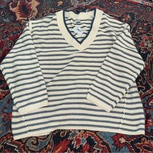 American Eagle Outfitters Navy and Cream Striped Oversized Sweater